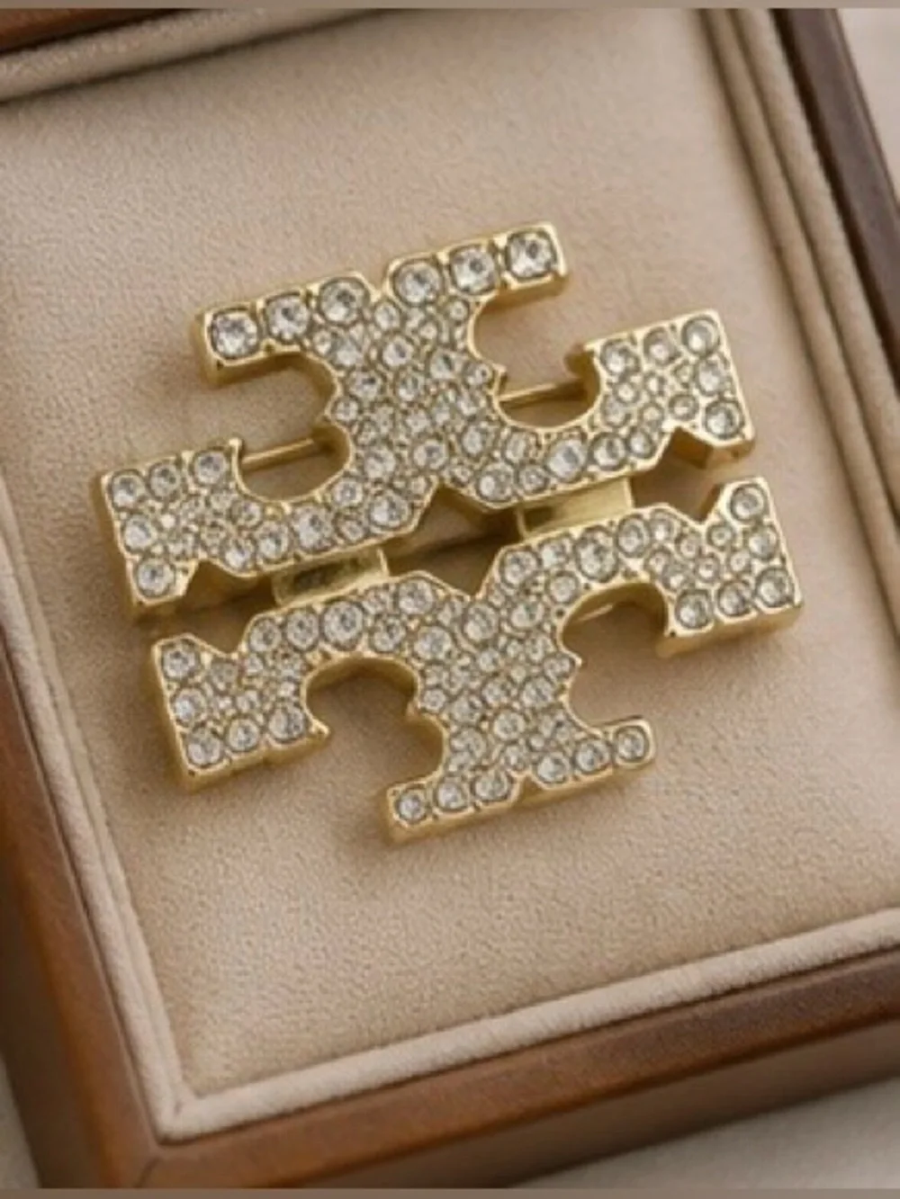 Gold Tone Crystal Statement Brooch Rhinestone Double T Pin